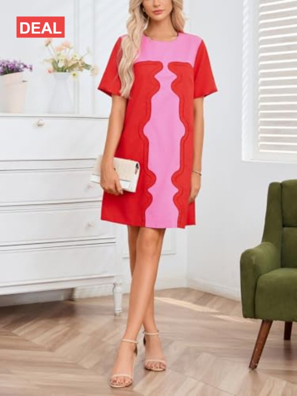 Color Block Shift Dress Cotton Linen Short Sleeve Embroidered Mini Dress with - Picture 6 of 6